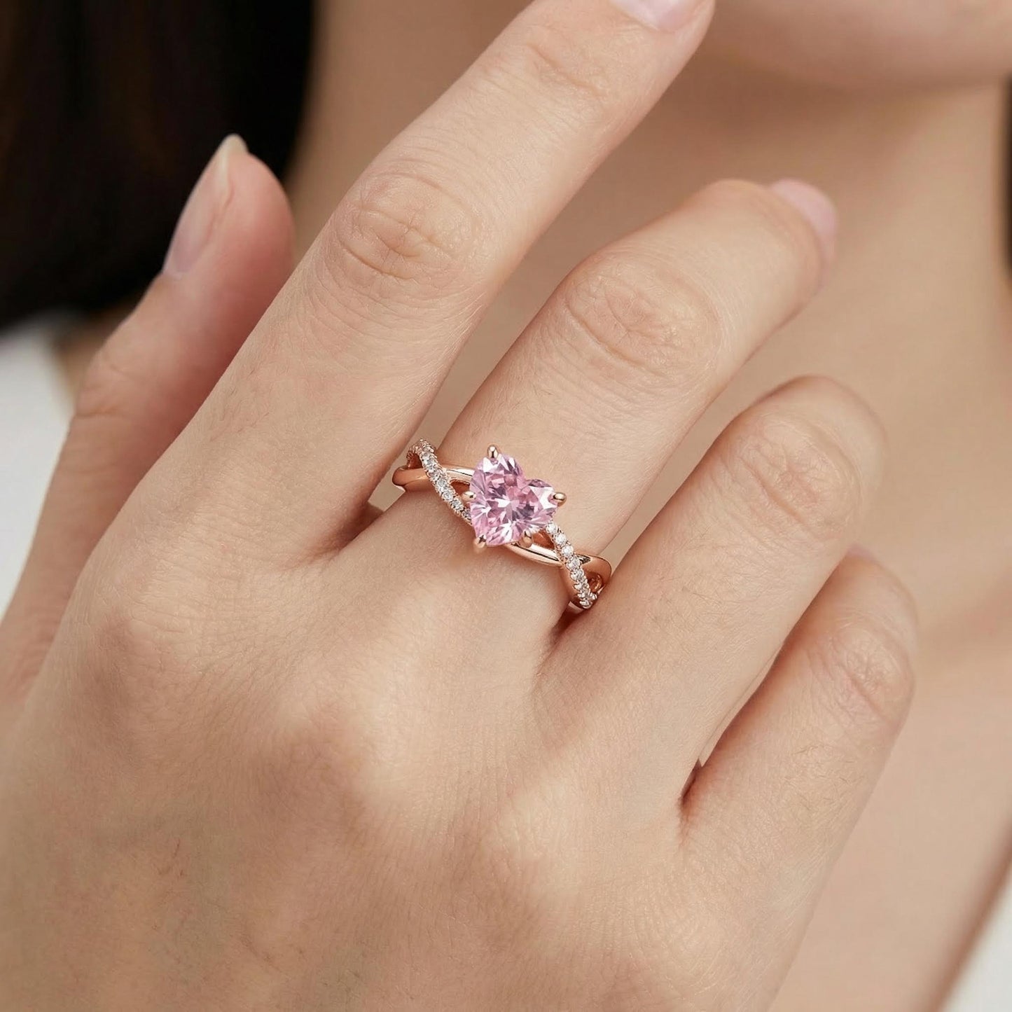 2.14 CZ Pink Heart Cut Twisted S925 Silver Engagement Ring