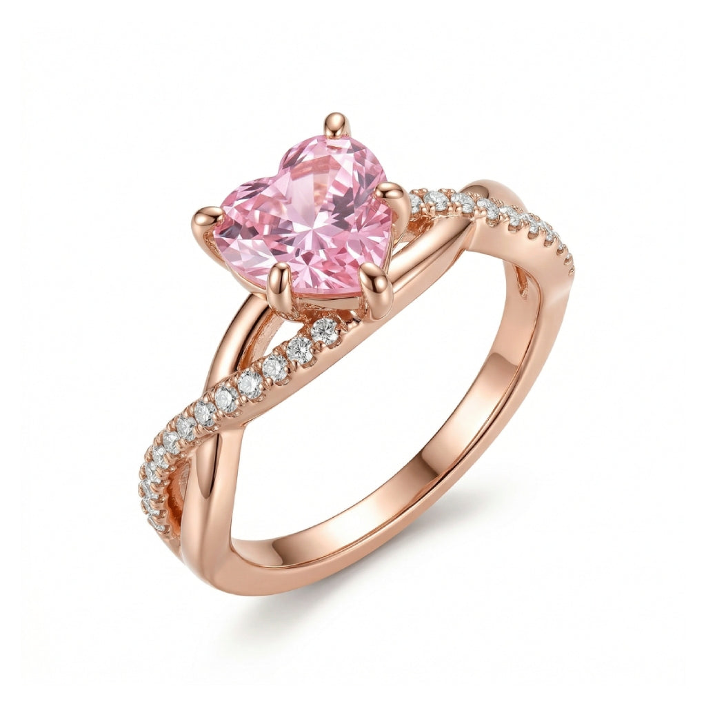 2.14 CZ Pink Heart Cut Twisted S925 Silver Engagement Ring