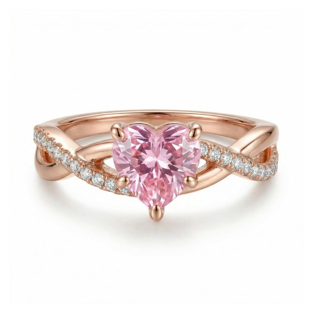 2.14 CZ Pink Heart Cut Twisted S925 Silver Engagement Ring