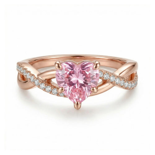 2.14 CZ Pink Heart Cut Twisted S925 Silver Engagement Ring